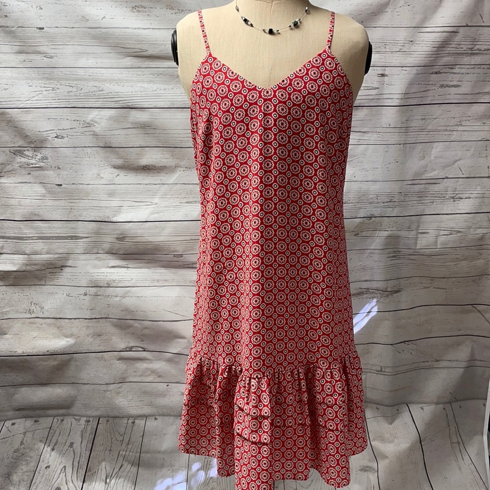 J Crew Factory Ruffled Hem Dress Women’s Red Print Size 8